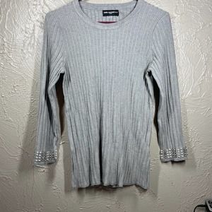 Karl Lagerfeld‎ Gray Beaded Studded Sleeve Round Neck Knit Sweater Womens Small